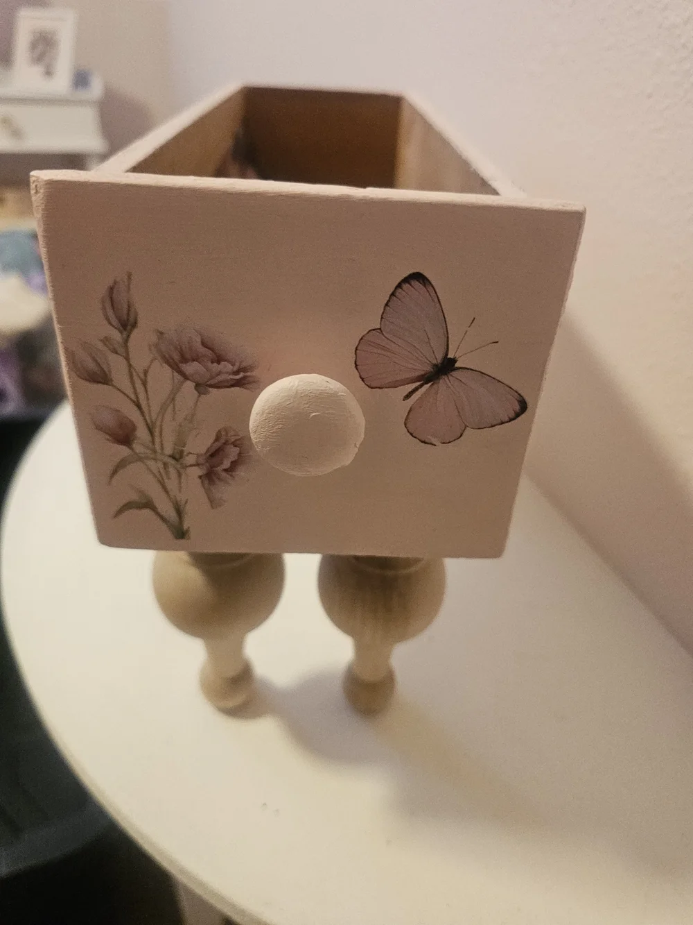 Pink Floral Decorative Wooden Riser / Box with Natural Pedestal Legs